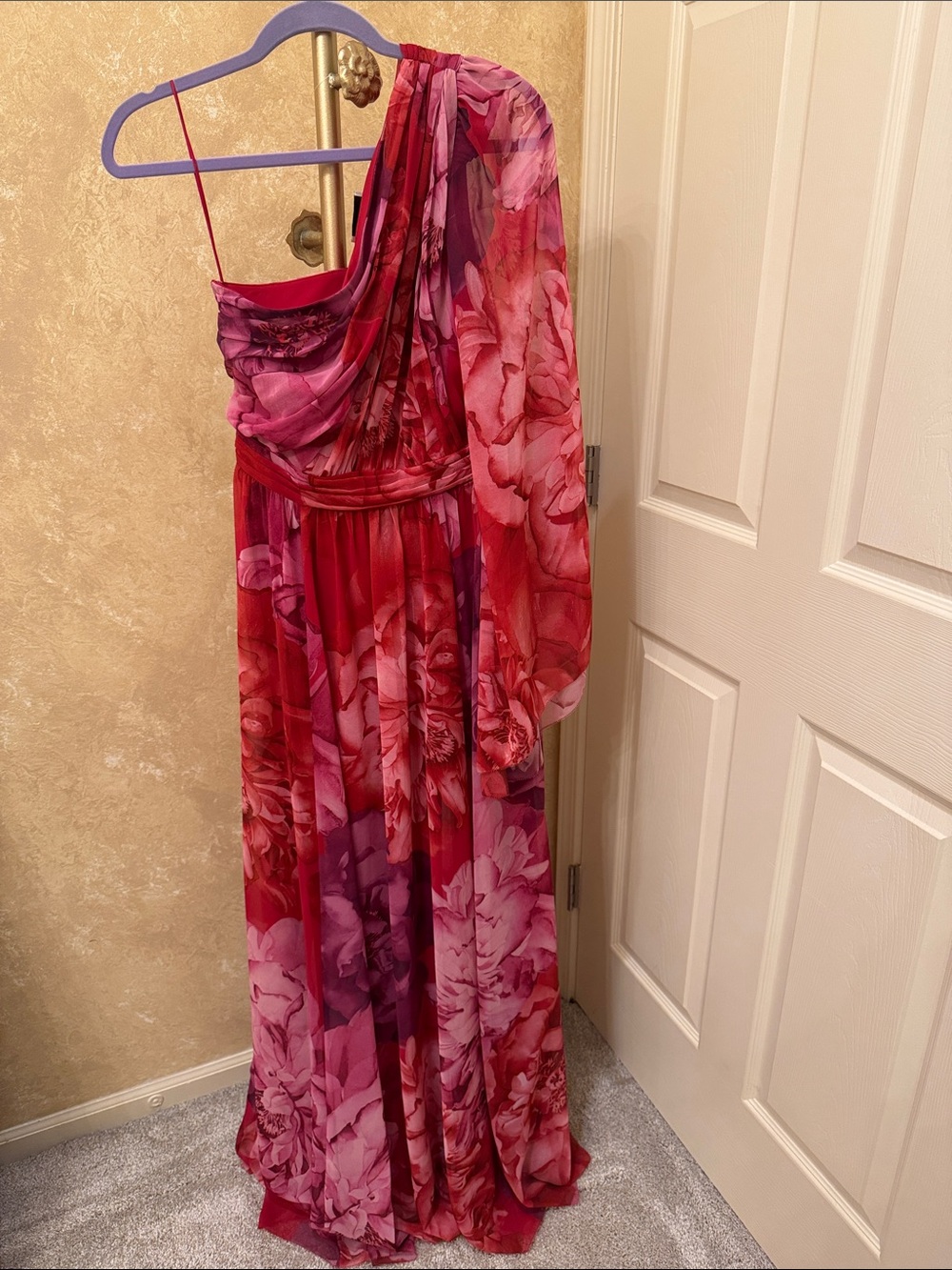 St. John Red and Pink One-Shoulder Floral Evening Gown